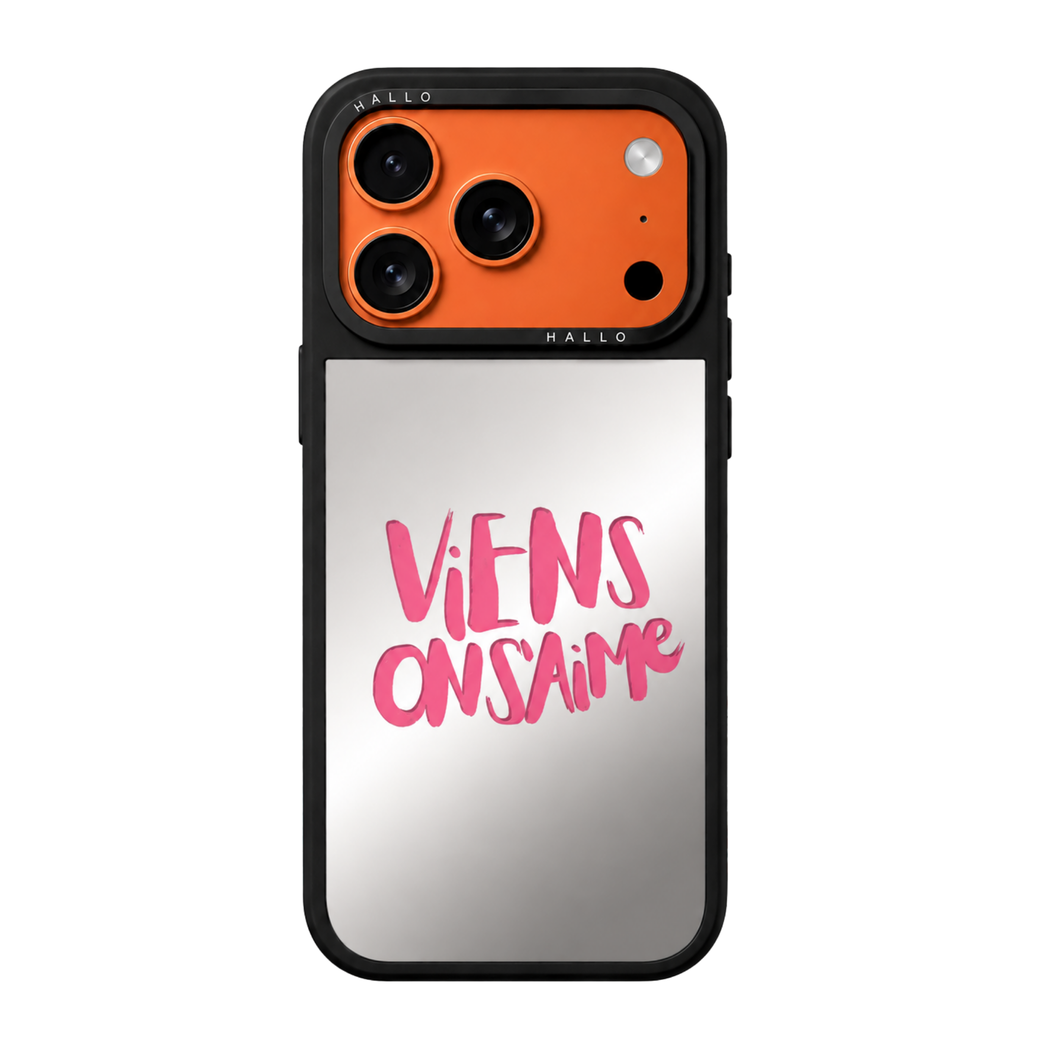 Coque miroir Viens on s'aime HALLO pour iPhone, design romantique inspiré du sud de la France avec une typographie manuscrite