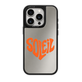 Coque miroir pour iPhone HALLO modèle Soleil, finition argentée avec inscription orange rétro et contours noirs