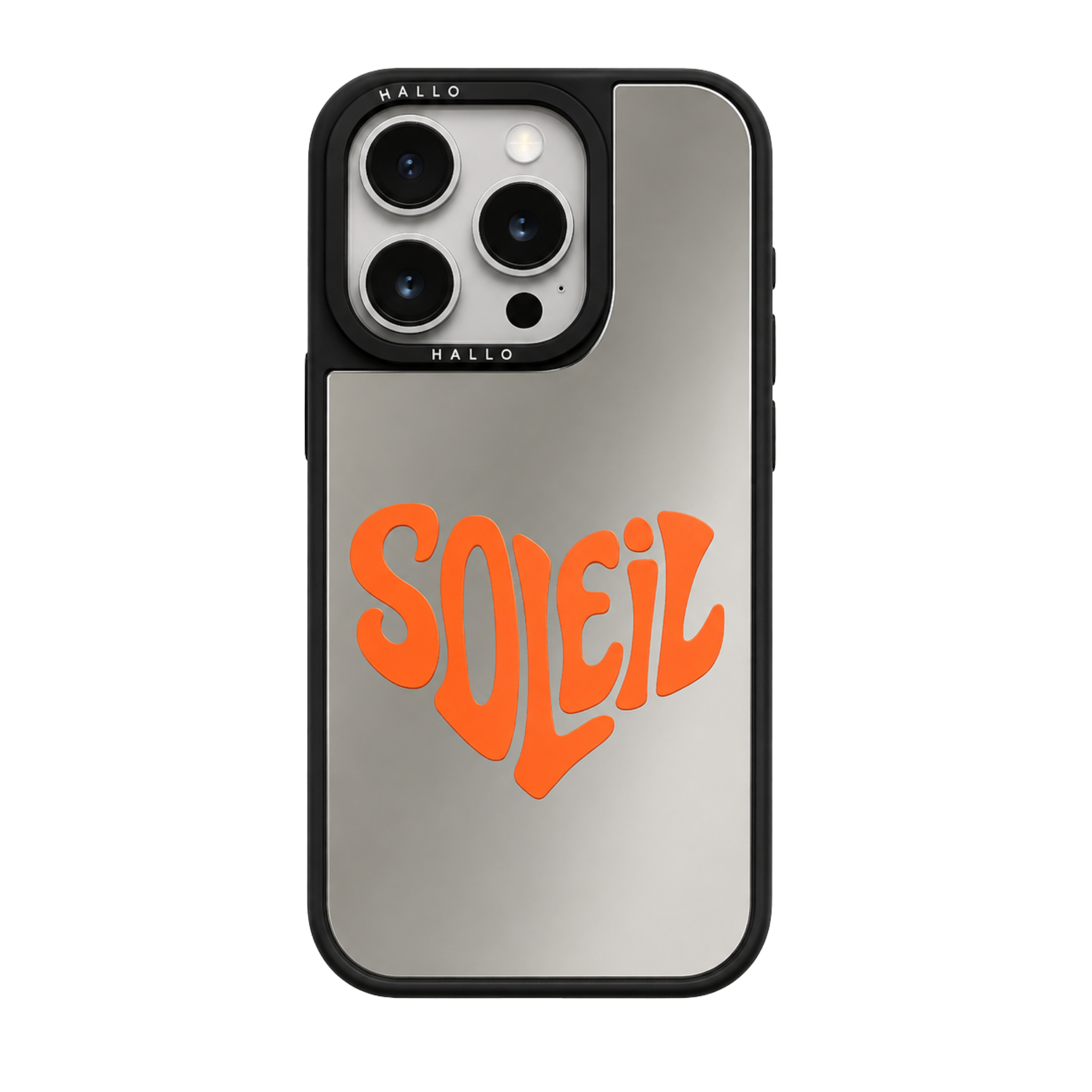 Coque miroir pour iPhone HALLO modèle Soleil, finition argentée avec inscription orange rétro et contours noirs