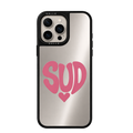 Coque miroir pour iPhone HALLO modèle Sud, finition argentée avec inscription « SUD » rose et petit cœur, contours noirs